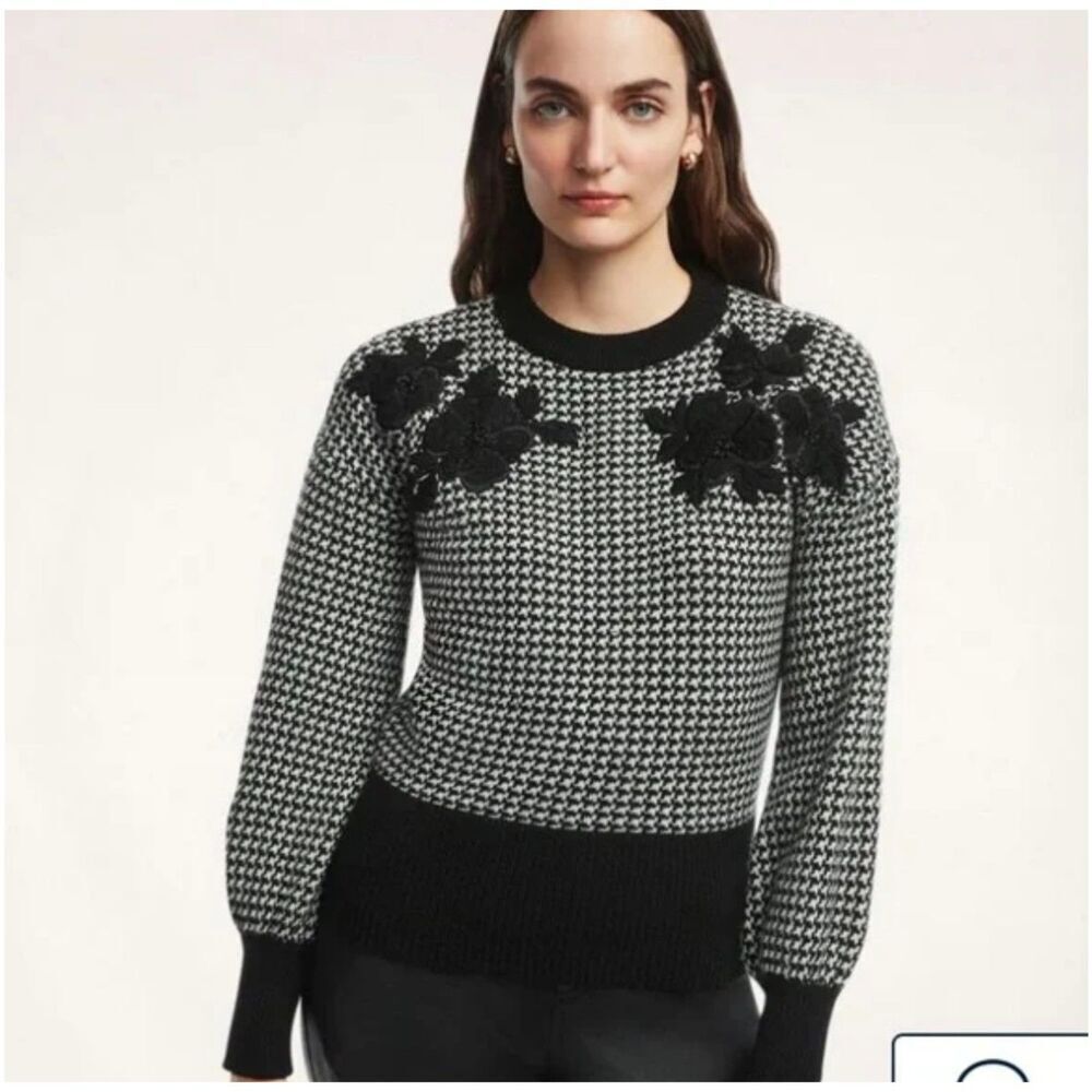 Brooks Brothers Merino Wool Houndstooth Embroidered Sweater Size Small Luxury